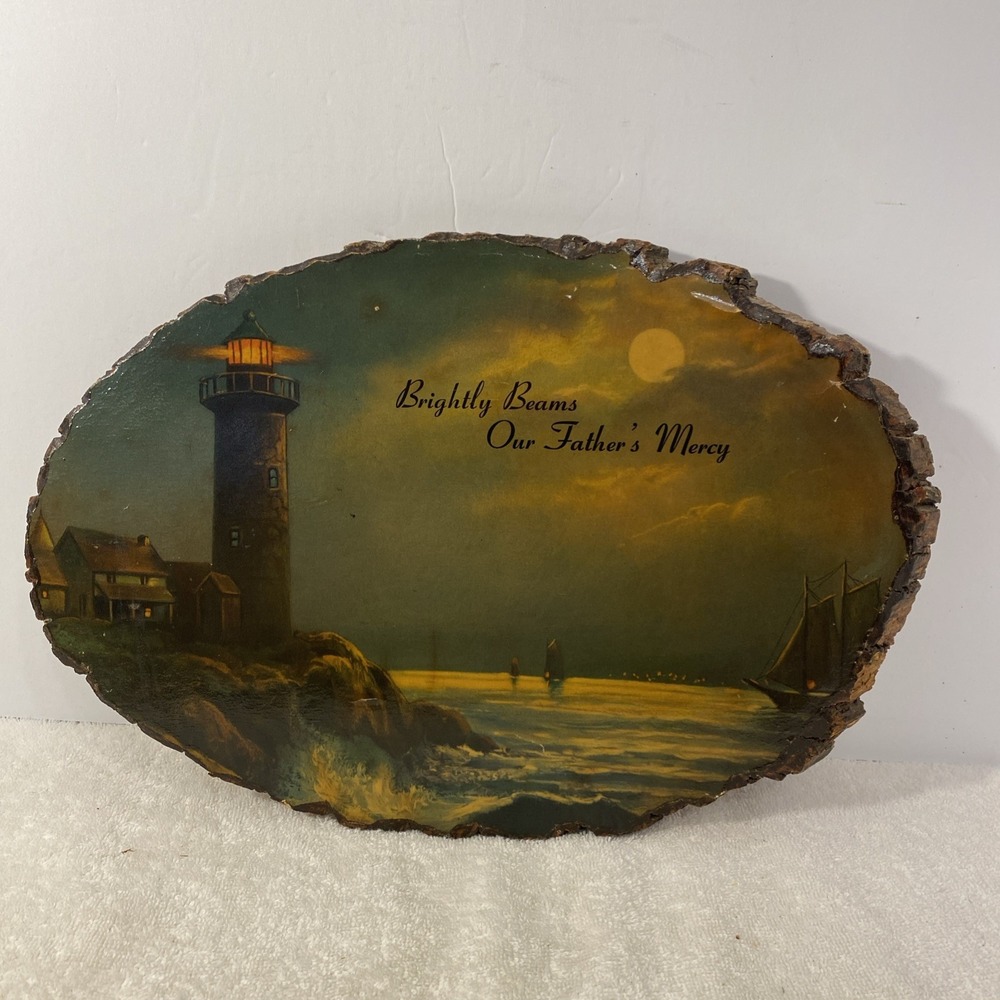 Lighthouse picture on slab of wood VINTAGE Gospel Souvenir House Royal Oak MI